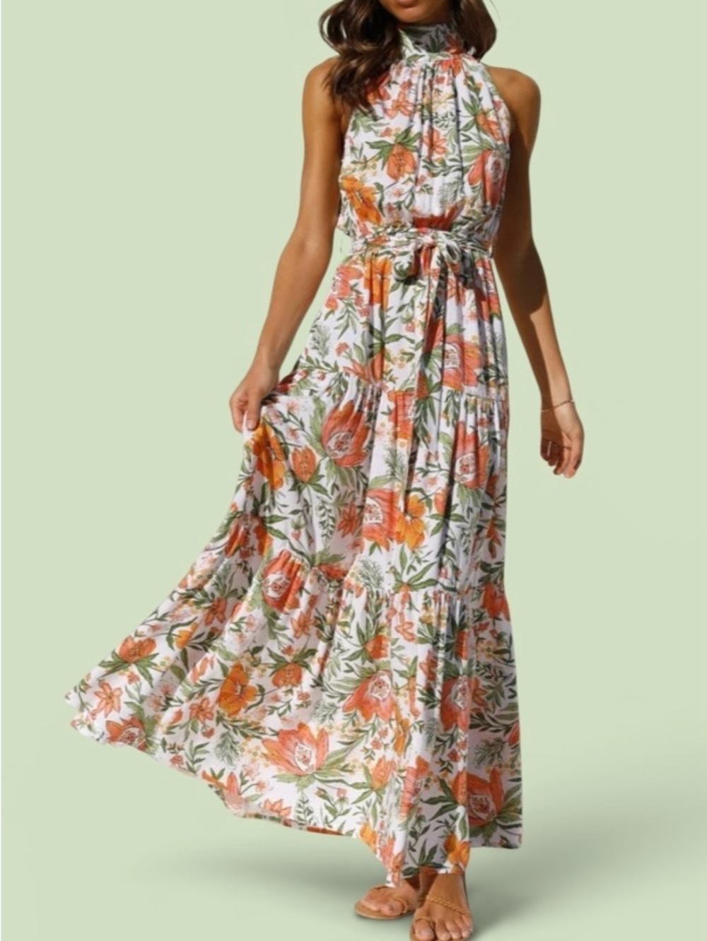 Petal&Pup Floral Halter Maxi Dress in White with Orange & Green Size 4